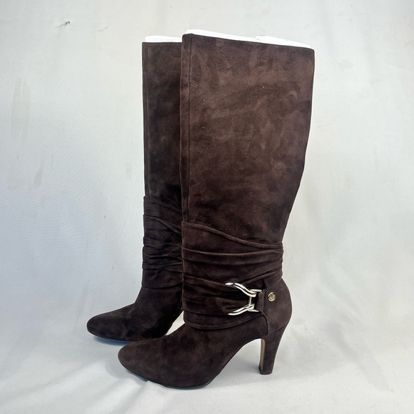 Antonio Melani Leather Suede Brown Heel Knee High Boots with Gold Buckle - Picture 1 of 12